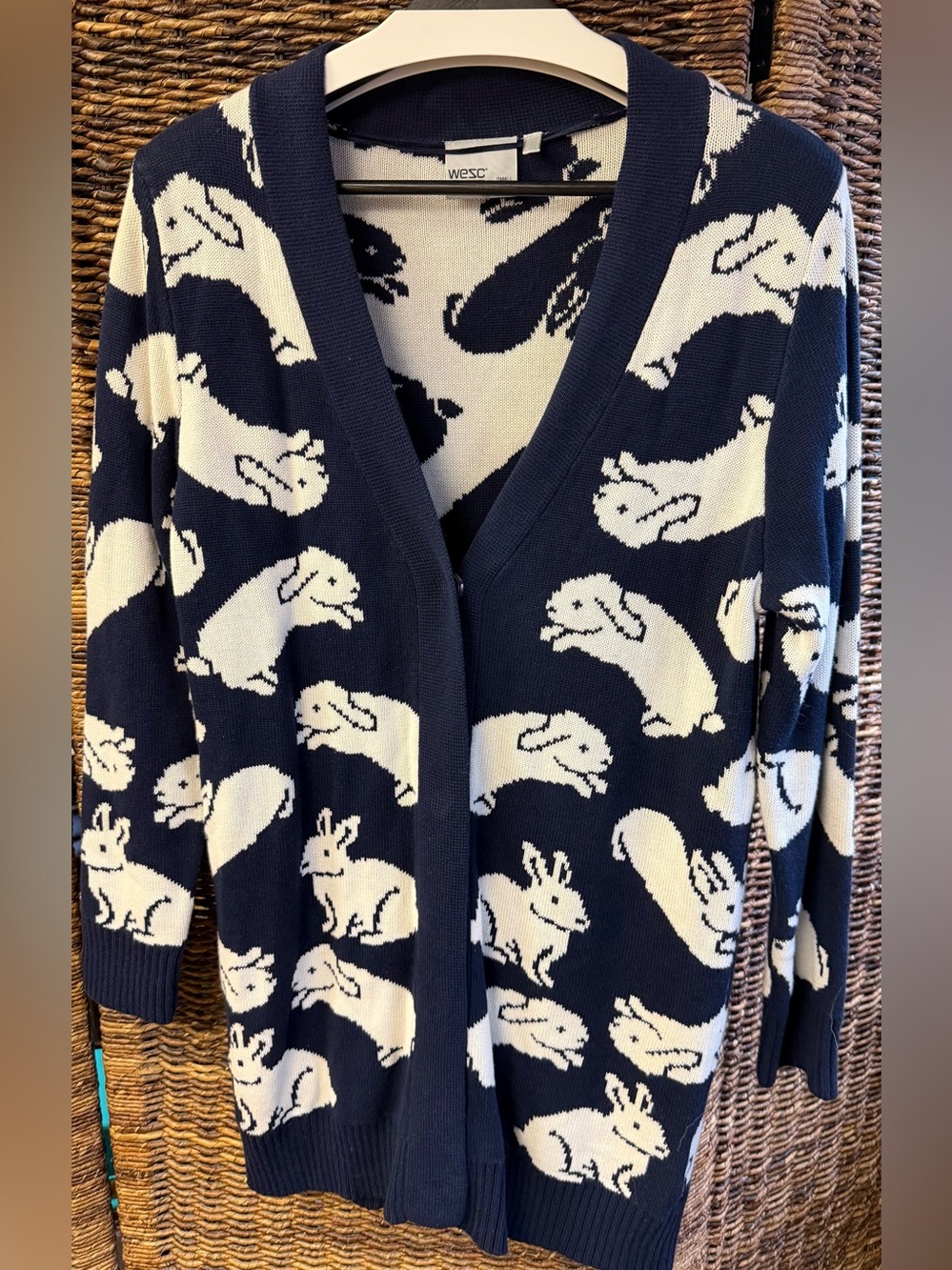 WESC - Navy and White Bunny-Print Cardigan Sweater, Small